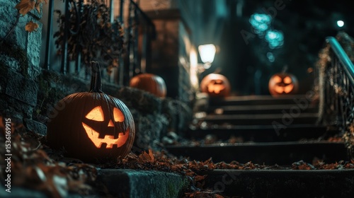 Halloween Yard. Scary Spooky Pumpkins Celebration for October Holiday Night