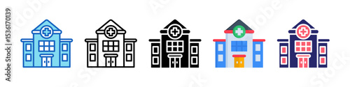 Hospital Building Multiple Style Icon Set Collection.