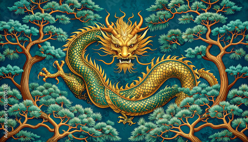 Ancient gold dragon with firefly glow resting among symmetrical teal pine trees in detailed fantasy illustration with vibrant colors and intricate scales design