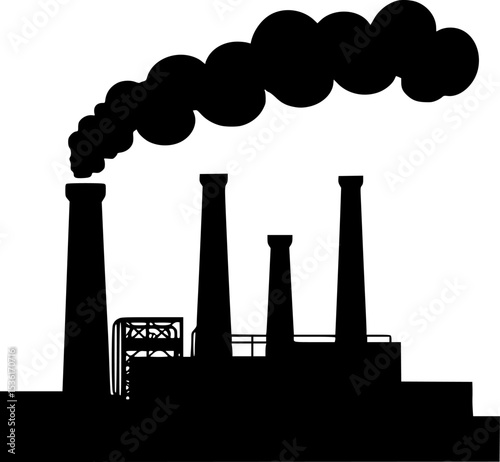 Black Silhouette Vector of Factory with Smoke Stacks