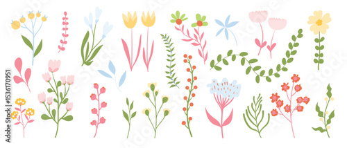 Collection of spring colorful flower elements vector. Set floral of wildflower, leaf branch, foliage on white background. Hand drawn blossom illustration for decor, easter, thanksgiving, clipart.