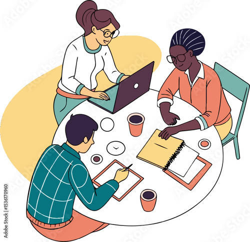 Diverse Team Collaboration Around Table with Laptop and Notes – Flat Illustration