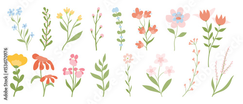Collection of spring colorful flower elements vector. Set floral of wildflower, leaf branch, foliage on white background. Hand drawn blossom illustration for decor, easter, thanksgiving, clipart.