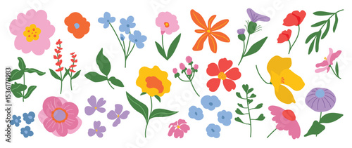 Collection of spring colorful flower elements vector. Set floral of wildflower, leaf branch, foliage on white background. Hand drawn blossom illustration for decor, easter, thanksgiving, clipart.
