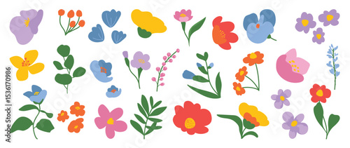 Collection of spring colorful flower elements vector. Set floral of wildflower, leaf branch, foliage on white background. Hand drawn blossom illustration for decor, easter, thanksgiving, clipart.