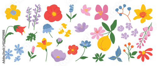 Collection of spring colorful flower elements vector. Set floral of wildflower, leaf branch, foliage on white background. Hand drawn blossom illustration for decor, easter, thanksgiving, clipart.