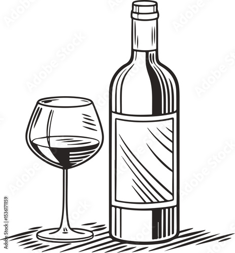 Wine Bottle and Glass – Hand Drawn Black and White Vintage Style Illustration