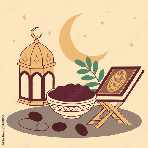 Islamic Ramadan Vector Illustration – Quran, Crescent Moon, Lantern, Dates, and Prayer Beads