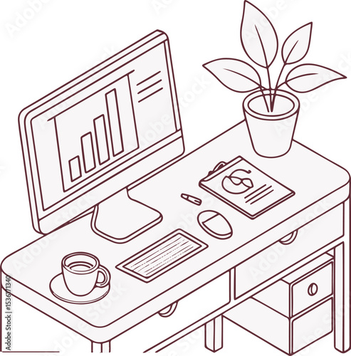 Minimal Office Desk Illustration with Computer, Coffee, and Plant - Workspace Isometric Design