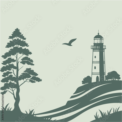 Silhouette of Lighthouse on Coastal Landscape with Tree and Bird - Minimal Nature Illustration