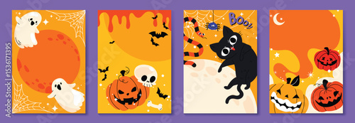 Happy Halloween vertical background vector set. cute collection spooky ghost, pumpkin, bat, candy, moon, skull, spider, cat. Illustration Halloween festival for decoration, prints, website, promotion.