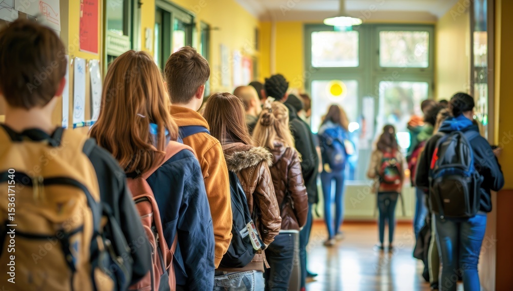Obraz premium A long line of students waited to enter the classroom, with the photo taken from behind them.