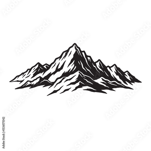 A detailed black and white silhouette illustration of a mountainous landscape perfect for design projects showcasing adventure and the outdoors.