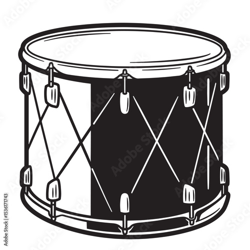 A detailed silhouette illustration of a snare drum depicting the musical instrument in black and white ready for use.