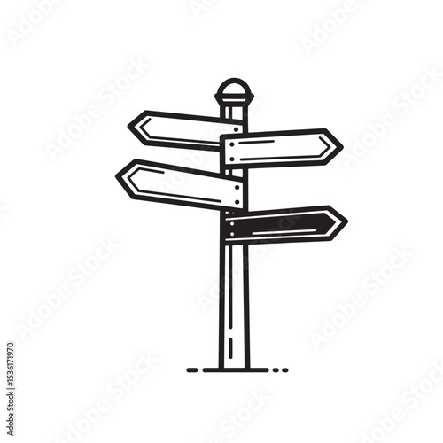 A simple black and white hand drawn silhouette illustration of a road sign pointer with multiple directional arrows