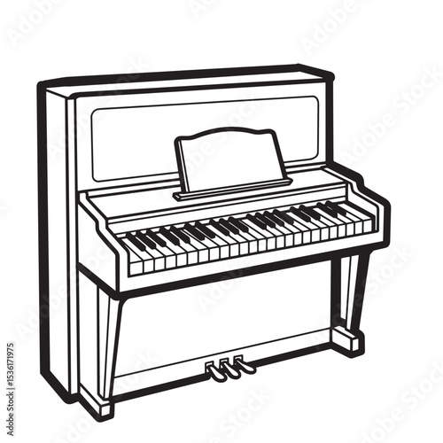 A simple black and white vector illustration of an upright piano featuring keys and a music stand perfect for design