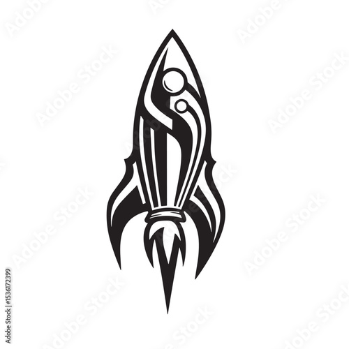 Artistic silhouette of a rocket ship in a classic black and white design for space exploration and travel concept.