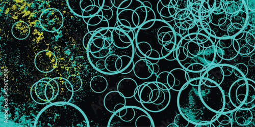 Abstract digital art background featuring overlapping teal circles and yellow speckles on a black backdrop ideal for modern design projects and creative concepts.