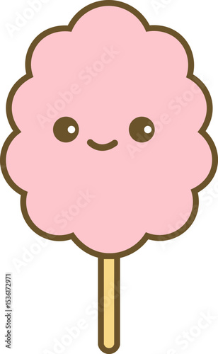 Fluffy cartoon cotton candy on a stick with a cute smiling face. Sweet, charming, colorful, and flat-style food icon with a transparent background