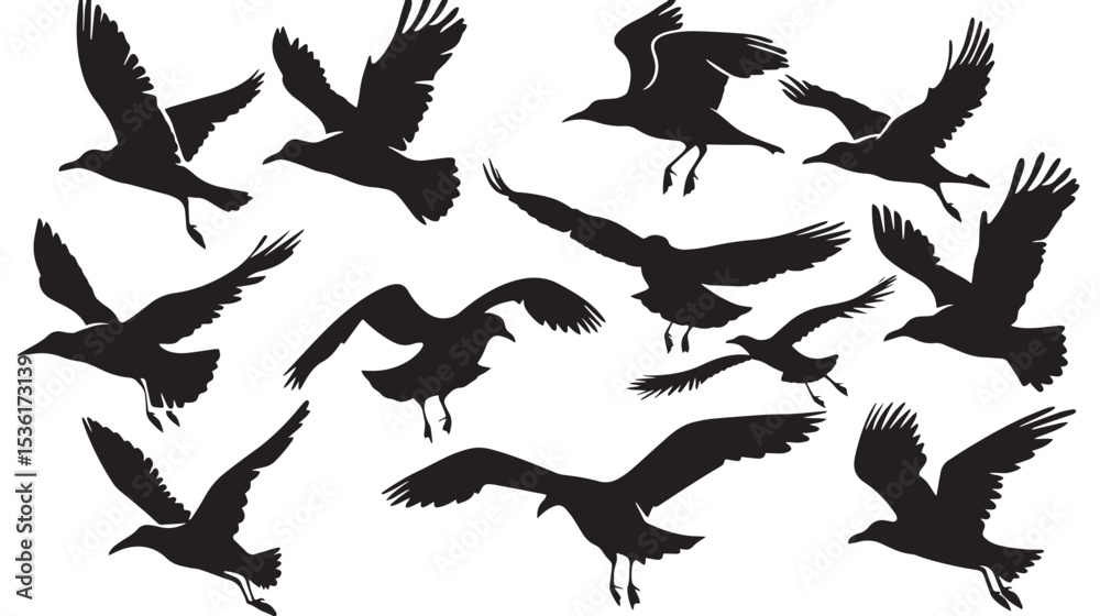 Obraz premium Silhouette of flock of flying birds isolated , black silhouettes isolated on white background