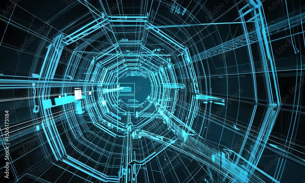 Abstract futuristic tunnel with glowing blue lines and data patterns, conveying technology and innovation