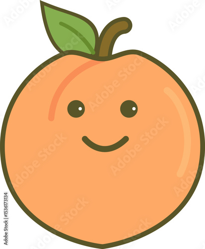 A cute cartoon peaches with leaf and smiling face. Sweet, colorful, charming, and flat-style fruit icon with a transparent background