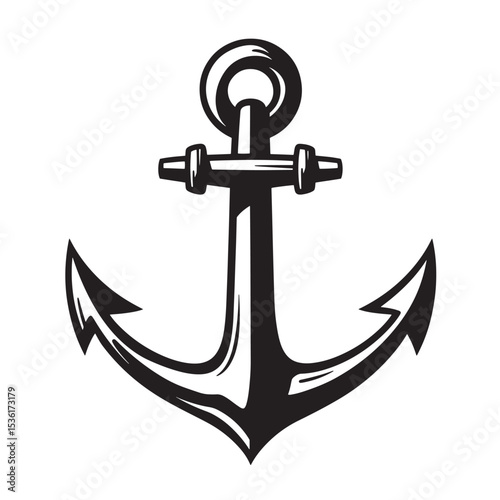 Classic black and white nautical anchor silhouette isolated on a white background symbolic of maritime and coastal themes