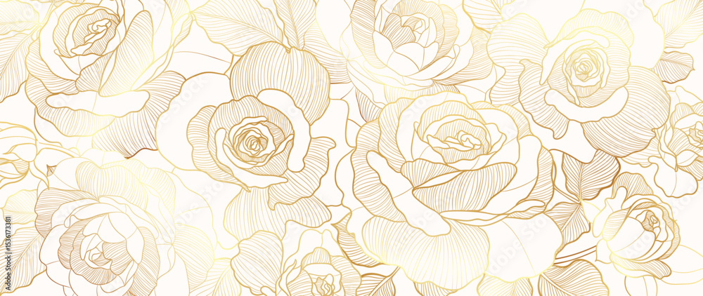 Luxury golden rose flower line art background vector. Natural botanical elegant flower with gold line art. Design illustration for decoration, wall decor, wallpaper, cover, banner, poster, card.