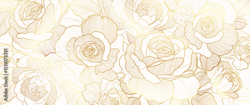 Luxury golden rose flower line art background vector. Natural botanical elegant flower with gold line art. Design illustration for decoration, wall decor, wallpaper, cover, banner, poster, card.