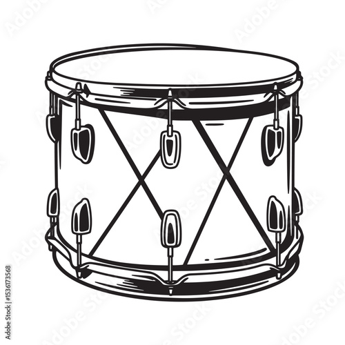 Detailed black and white line art illustration of a vintage snare drum isolated on a white background silhouette