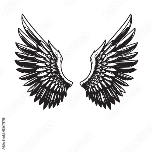 Detailed black and white wing silhouette illustration depicting freedom grace and power symbolic of flight and heavenly themes