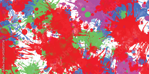 Colorful paint splatter background a vibrant abstract composition featuring bold red green blue and purple paint splashes in various sizes and shapes on a white backdrop.