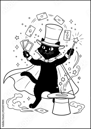 Anthropomorphic Animals, coloring page, Abracadabra! This magical cat amazes everyone with fun tricks.