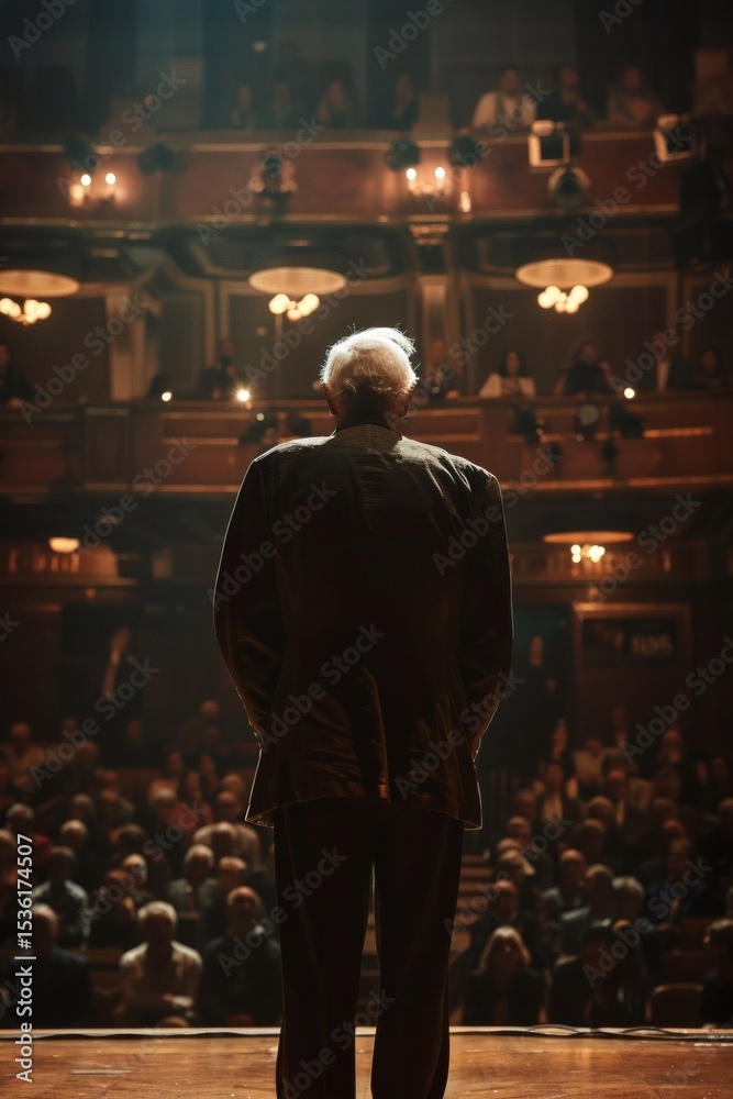 An elderly man's recounting of the past on stage An elderly man's recounting of the past on stage