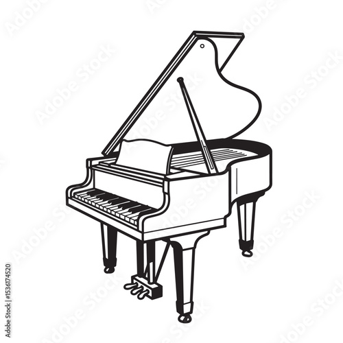 Elegant silhouette of a grand piano isolated on a white background depicting a classic musical instrument in a flat design style