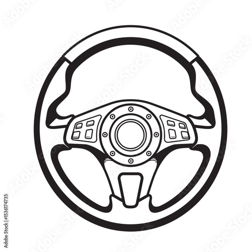 Illustrated black and white silhouette of a modern car steering wheel with buttons and control components for automotive designs