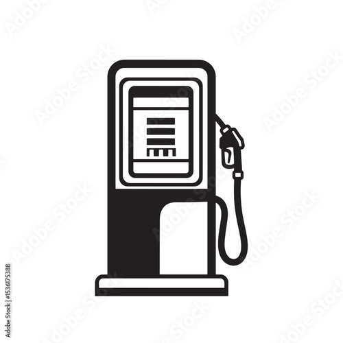 Simple monochrome silhouette illustration of a gas pump dispensing fuel with a nozzle and hose isolated on white background