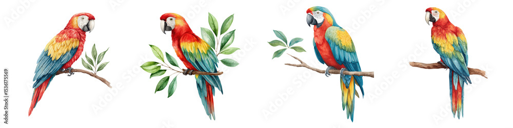 Fototapeta premium Colorful tropical parrots perching on branches