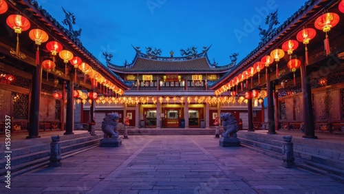Evening lantern festival celebration traditional temple cultural heritage wide angle festive atmosphere