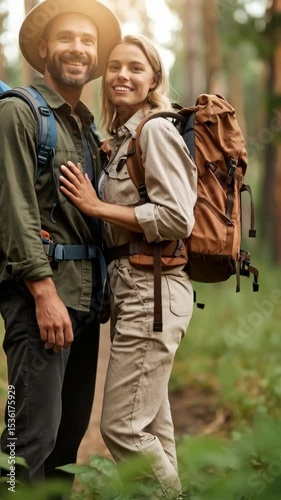 Happy couple with backpacks trekking through a bright green forest on a sunny day, smiling at the camera