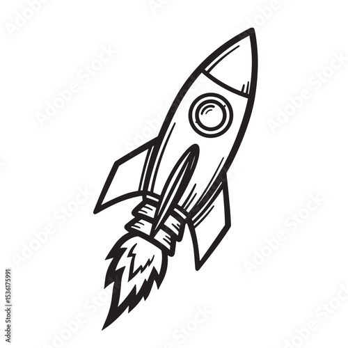 Upward flying black silhouette rocketship with powerful flames representing space travel and exploration adventures