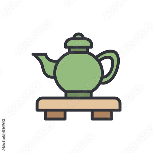 Stylized Illustration Of Green Teapot On Wooden Stand Isolated