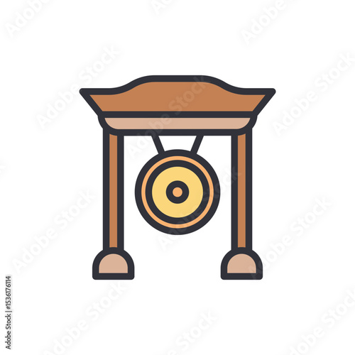 Elegant Golden Gong Hanging From A Wooden Frame On Display Stand