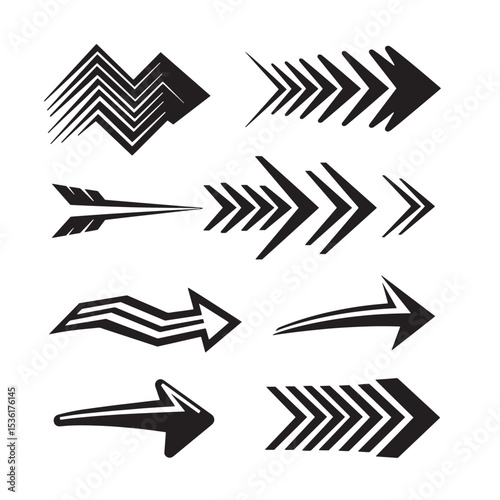 Vector arrows in different styles and directions black silhouettes on white background for graphic design and web elements
