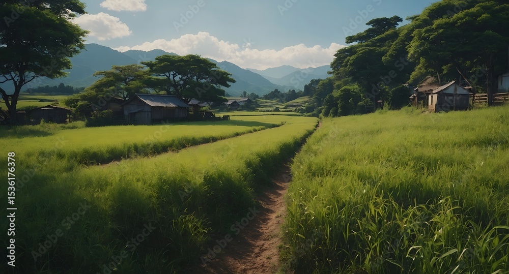 Obraz premium Rural Farm Landscape Green Fields and Countryside.