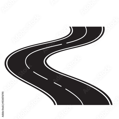 Vector illustration of a winding asphalt road with white lane markings in a stylish black and white silhouette design.