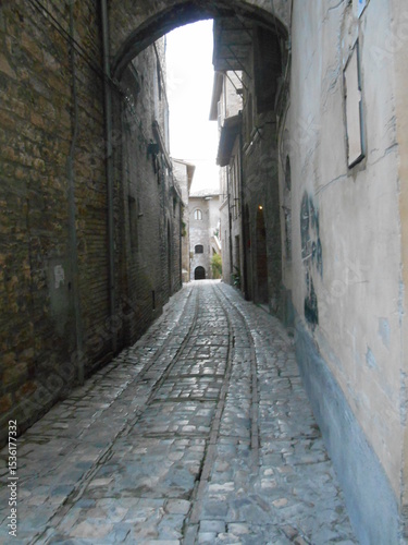 Fototapeta Naklejka Na Ścianę i Meble -  石畳のアーチが迎える静かな路地｜イタリア・スペッロの中世の街並み　Narrow stone alley with archway in Spello, Umbria｜Historic medieval street in central Italy