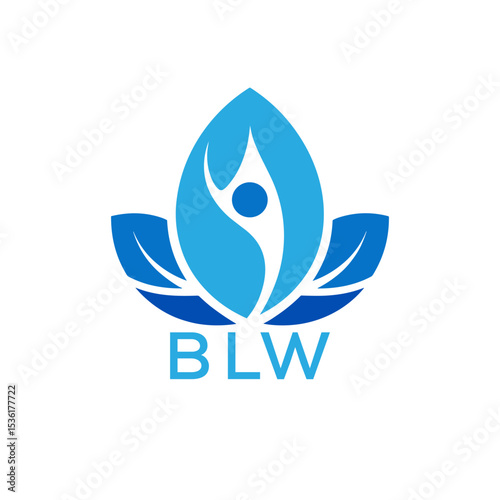 Modern Wellness Leaf Logo Design with Human Figure and BLW Letters in Blue Gradient.
