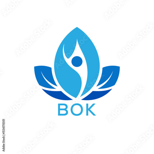 Modern Wellness Leaf Logo Design with Human Figure and BOK Letters in Blue Gradient.
