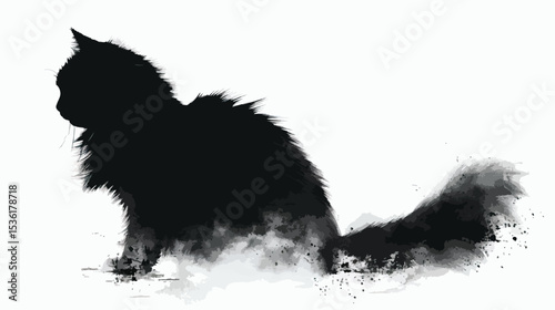 silhouette of fluffy cat on a white background